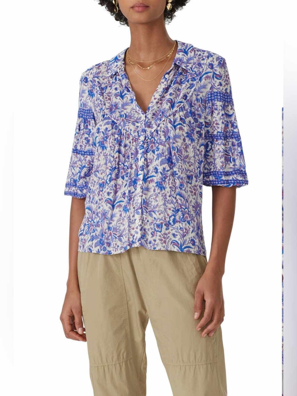 ba&sh~Blue & White Floral V-Neck Brooklyn Blouse~Size Small~$235~